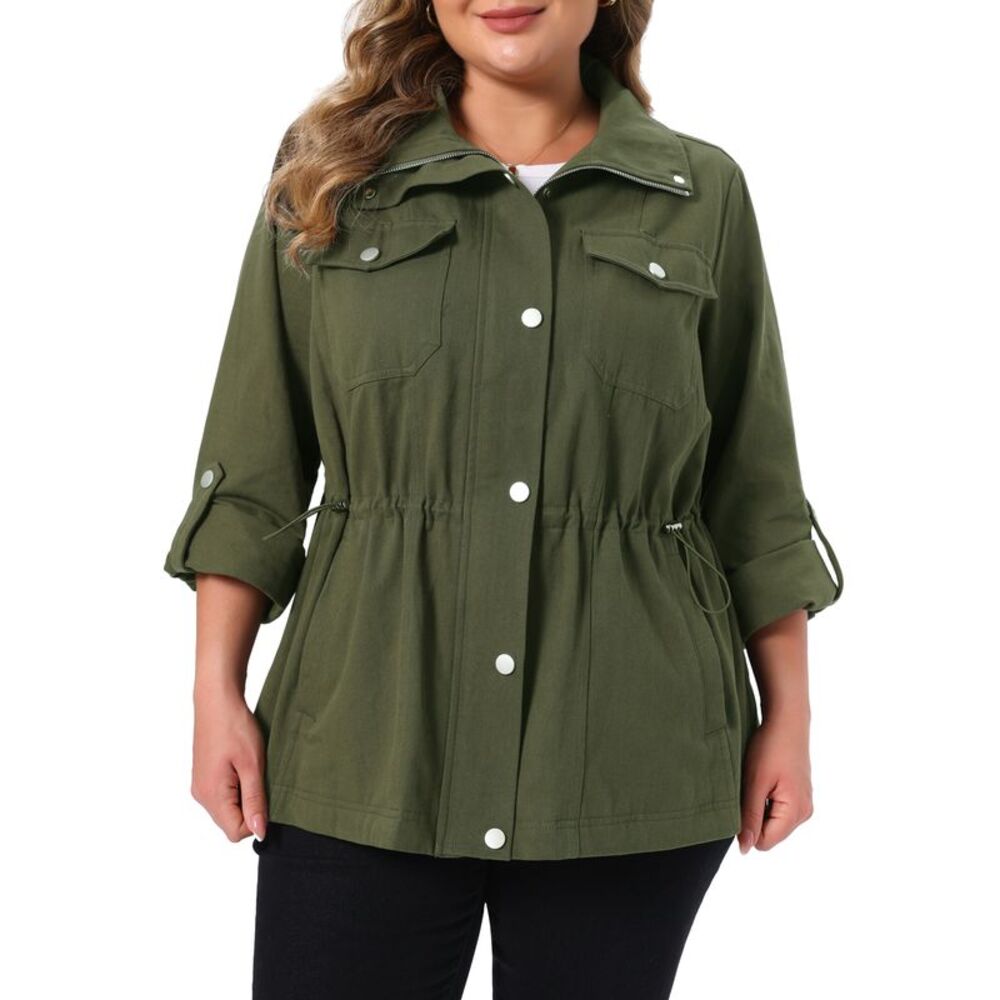 Women Plus Size Lightweight Drawstring Waist Utility Jacket Army Green